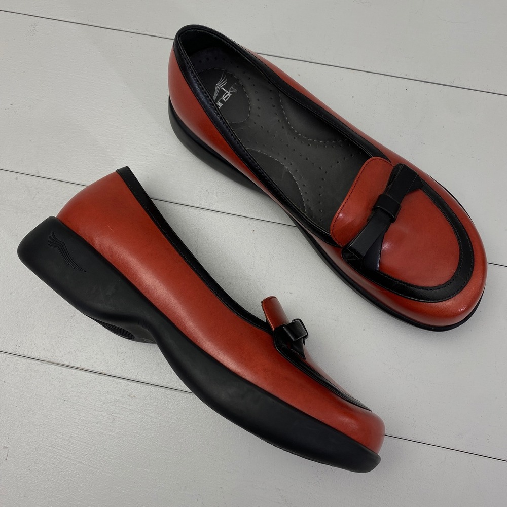 Dansko Danielle Leather Bow Loafers Women Size 36 6 Red Black Comfort Shoes Vtg